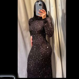RUNS LARGE NWT ZARA SEQUIN LONG DRESS ZW COLLECTION Mocha Color Sequin